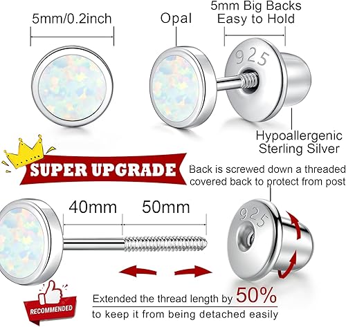 Miniatura 2 de LUCKMORA Aretes de plata de ley 925 con circonita cúbica atornillada para mujer, aretes con cierre de rosca, hipoalergénicos para niñas