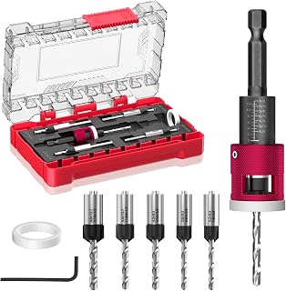 BURMONG 5-Piece 82° Countersink Drill Bit Set with Adjustable Depth Stop, 1/4" Hex Shank for Wood, Plywood, MDF, Plastic