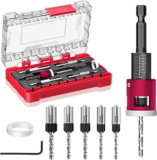 BURMONG 5-Piece Countersink Drill Bit Set with Adjustable Depth Stop, 1/4" Hex Shank Quick Change Drilling Tool Kit, 82° Woodworking Chamfer Bits for Wood, Plywood, MDF, Plastic