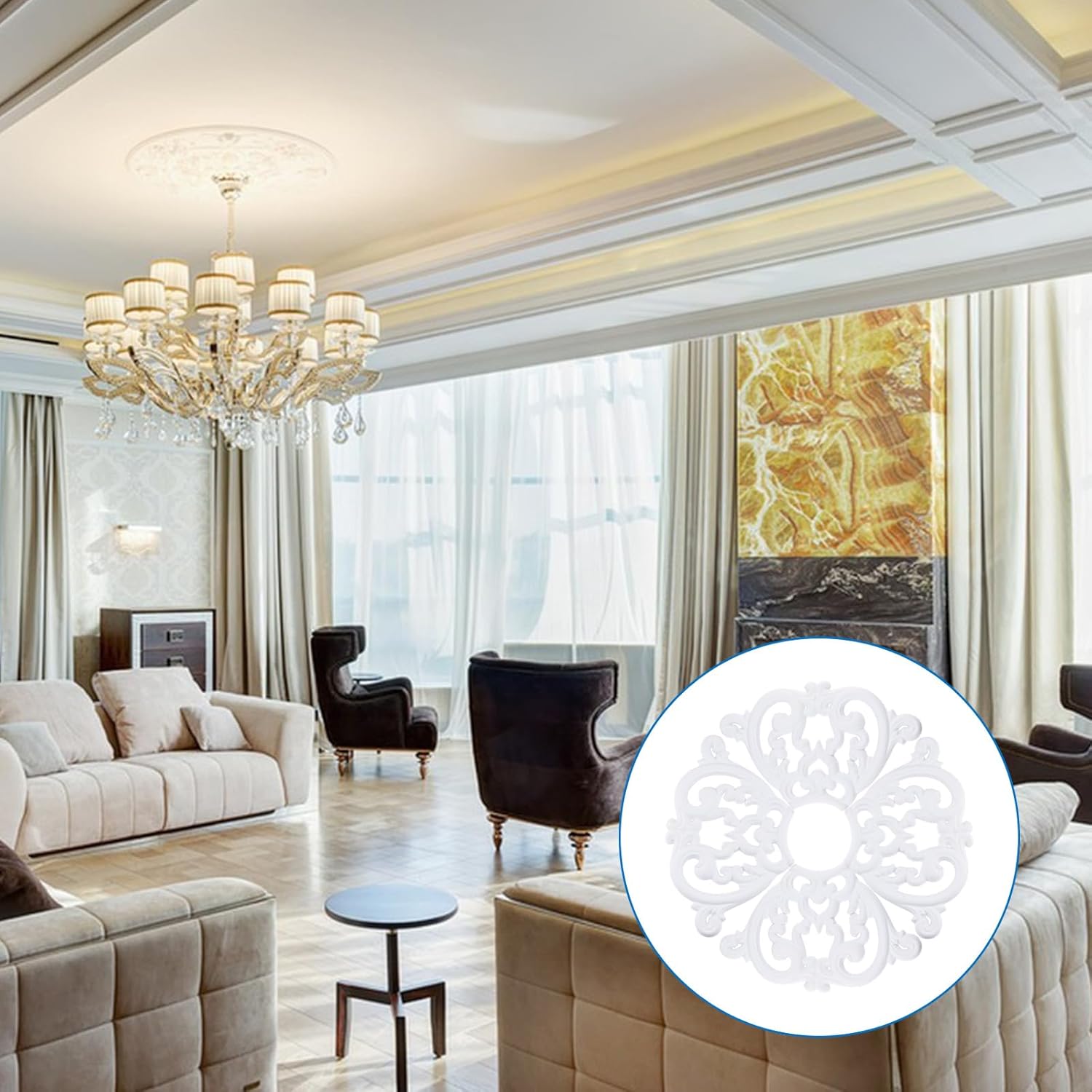 INCREWAY 1PCS PU Ceiling Medallion Decorative Ceiling Fan Medallion White Round Home Lighting Living Room Aisle Ceiling Chandelier Base for Light Fixtures Chandeliers