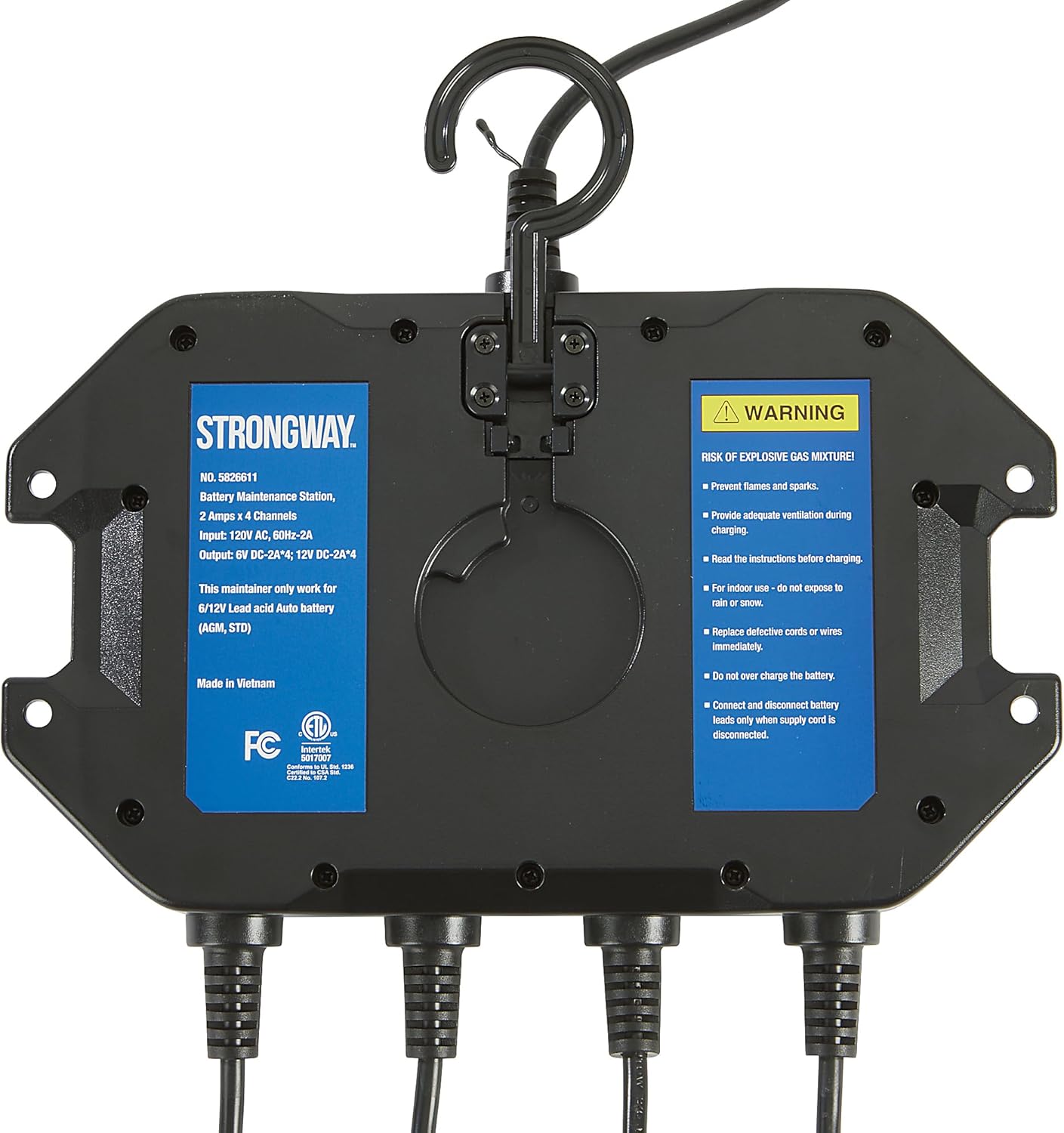 Strongway 4-Bank Smart Charger shown with all included accessories: power cord, four sets of battery clamps, and four sets of O-ring terminals.