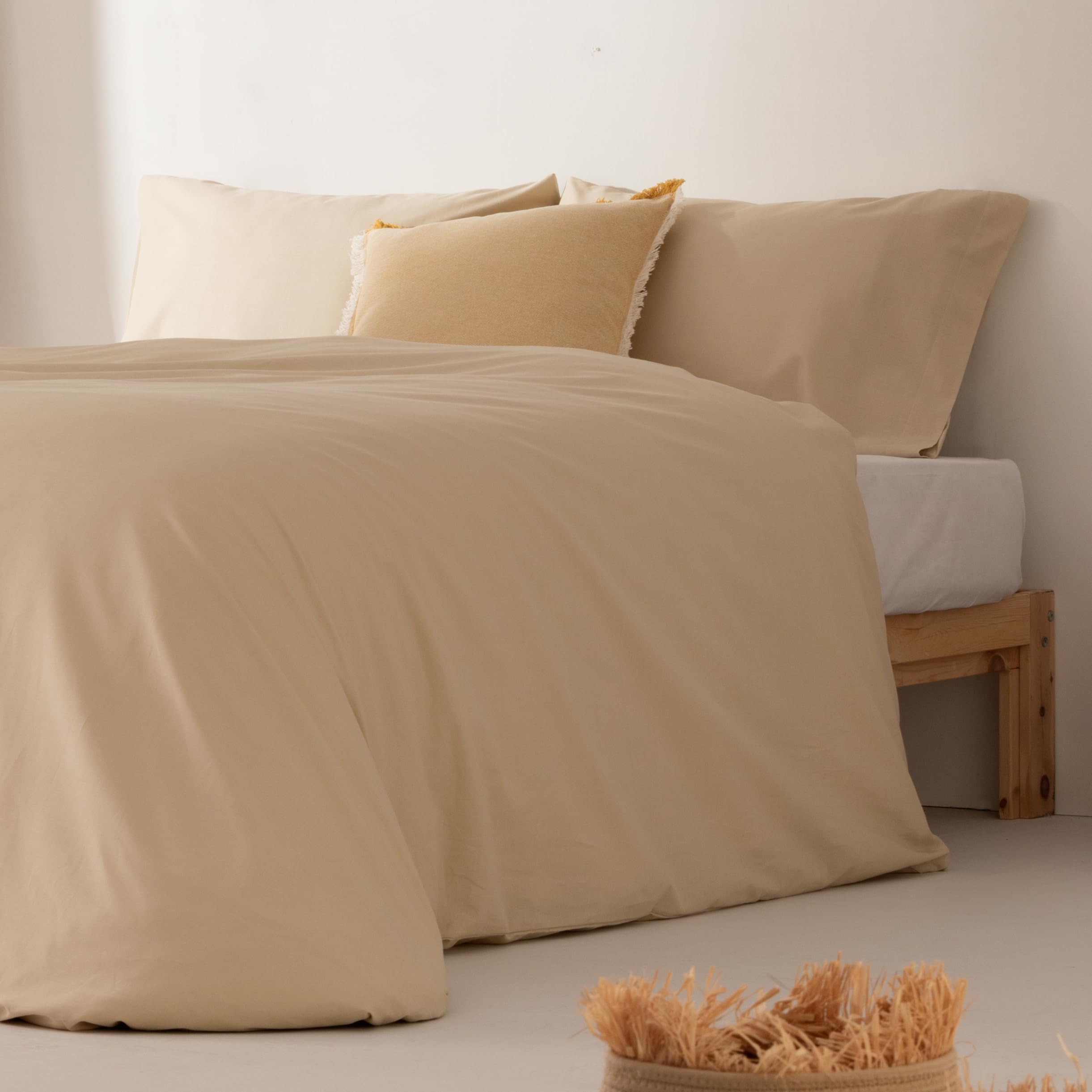 Juego Funda Nórdica Cama 150/160, Lisa 100% Algodón, Funda Edredón 240x220 cm y 2 Funda Almohada, Transpirable, Suave, Color Beige