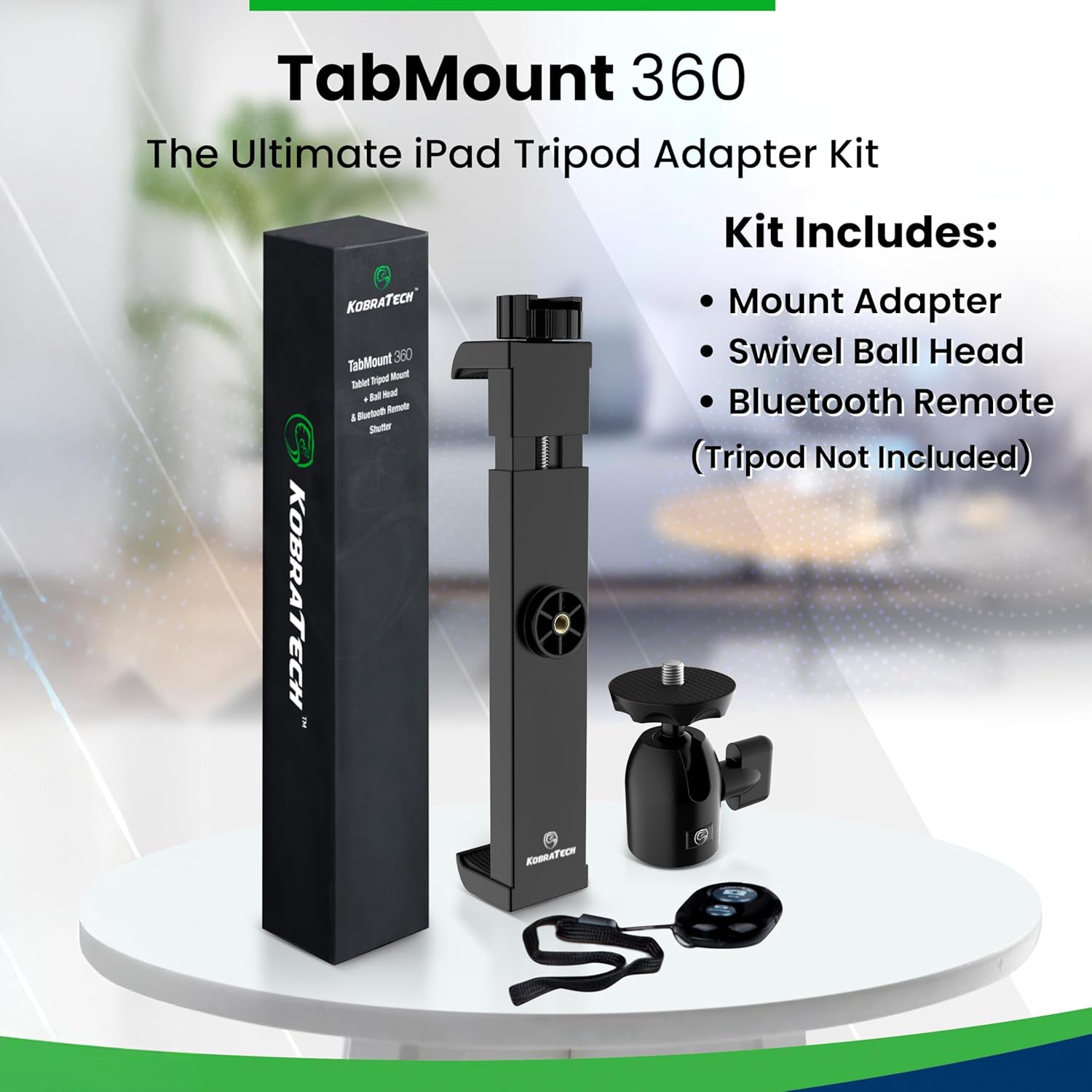 KobraTech TabMount 360 iPad Tripod Mount Holder | Includes Swivel Ball Head and Bluetooth Remote | KobraTech iPad Holder for Tripod (Mount Only)