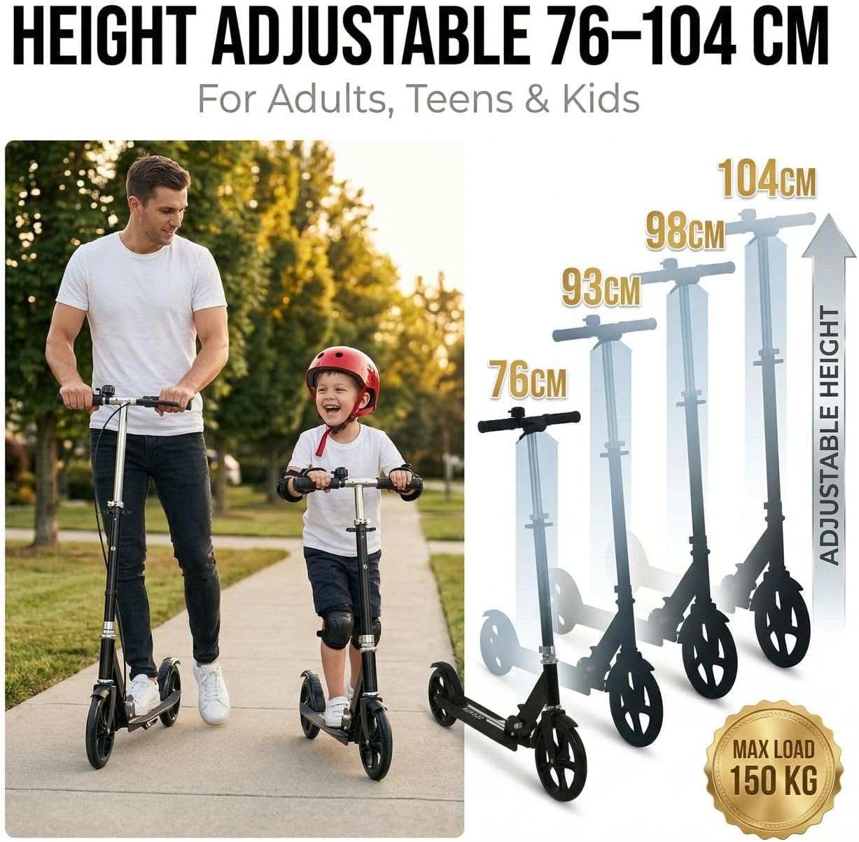 Scooters for Kids 8-12, Teens & Adults - Foldable Commuter Scooter with Bell, Hand Brake & Adjustable Height, 220 LB Weight Capacity, Perfect for School, Campus, Park Rides