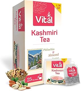 Vital Kashmiri Tea Bags - 25 Green Tea Bags with Real Pistachio & Almond Topping - Each Tea Bag Individually Wrapped for Traditional Kashmiri Chai - Aromatic, Soothing & Flavorful Chai