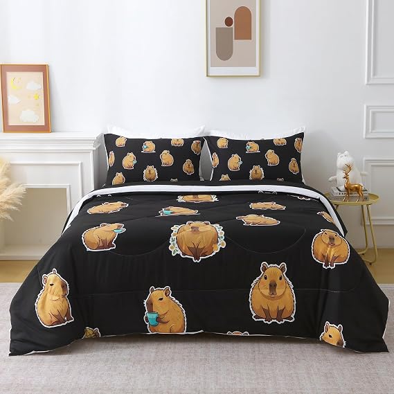 Wajade Capybara Comforter Set 7 Piece Cute Black Animal Bedding Set Capybara for Boys Girls Room Decoration Twin Size with Sheet and 2 Pillowcases 2 Pillow Shams Cute Bed in a Bag as Birthday Gift