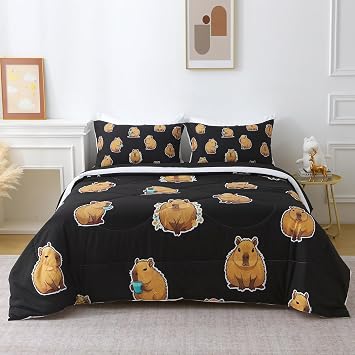 Wajade Capybara Comforter Set 7 Piece Cute Black Animal Bedding Set Capybara for Boys Girls Room Decoration Twin Size with Sheet and 2 Pillowcases 2 Pillow Shams Cute Bed in a Bag as Birthday Gift