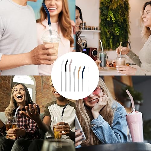 Miniatura 6 de Tronco Juego de 6 pajitas de metal reutilizables de acero inoxidable con puntas flexibles de silicona, pajitas de metal para vaso de Tronco 3