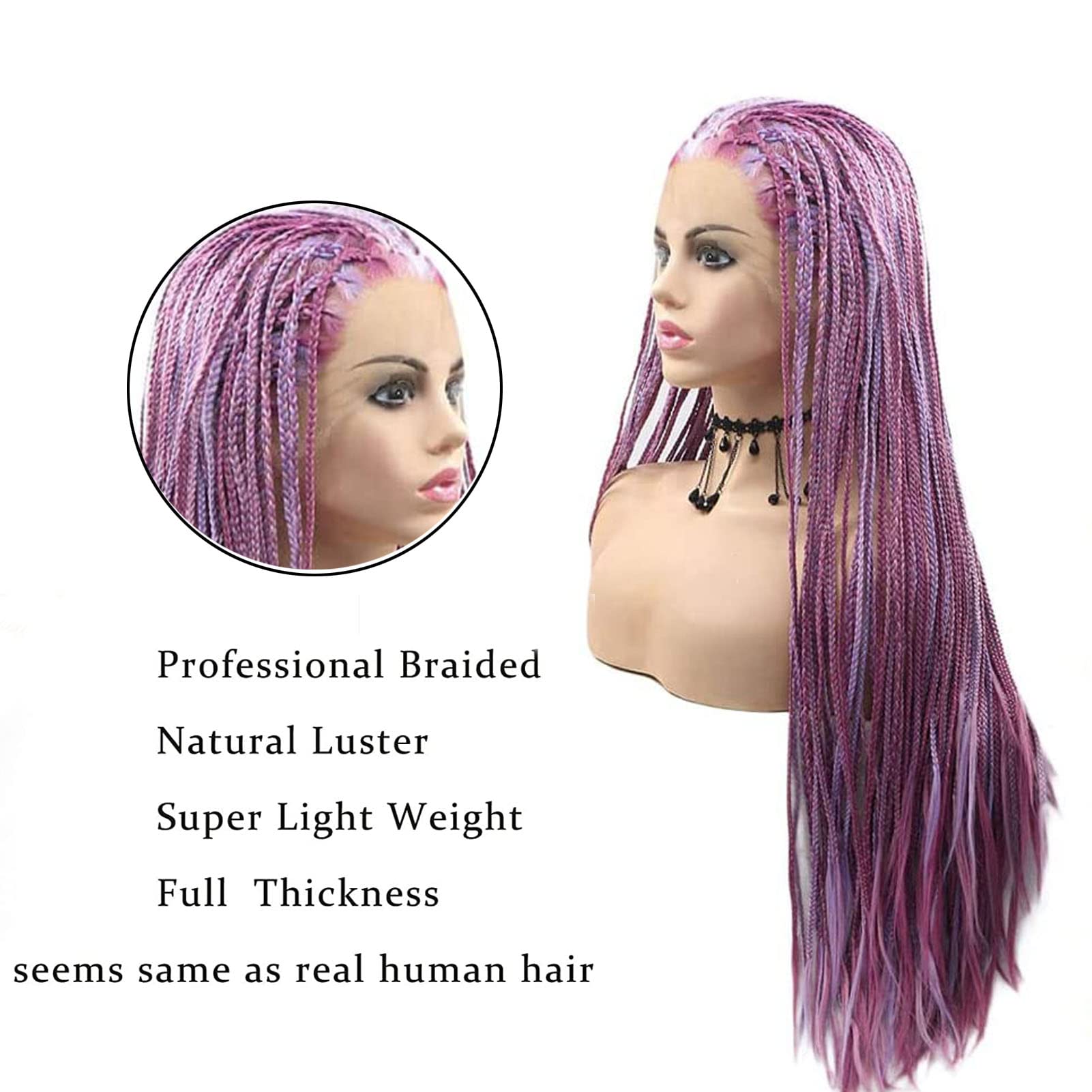 Purple Micro Braided Wigs for Black Women Handmade Knotless Box Braid Wig Long Highlight Lilac Realistic Cornrow Lace Front Braided Wigs Glueless Synthetic Heat Resistant Hair Makeup Daily 26Inch - Image 4