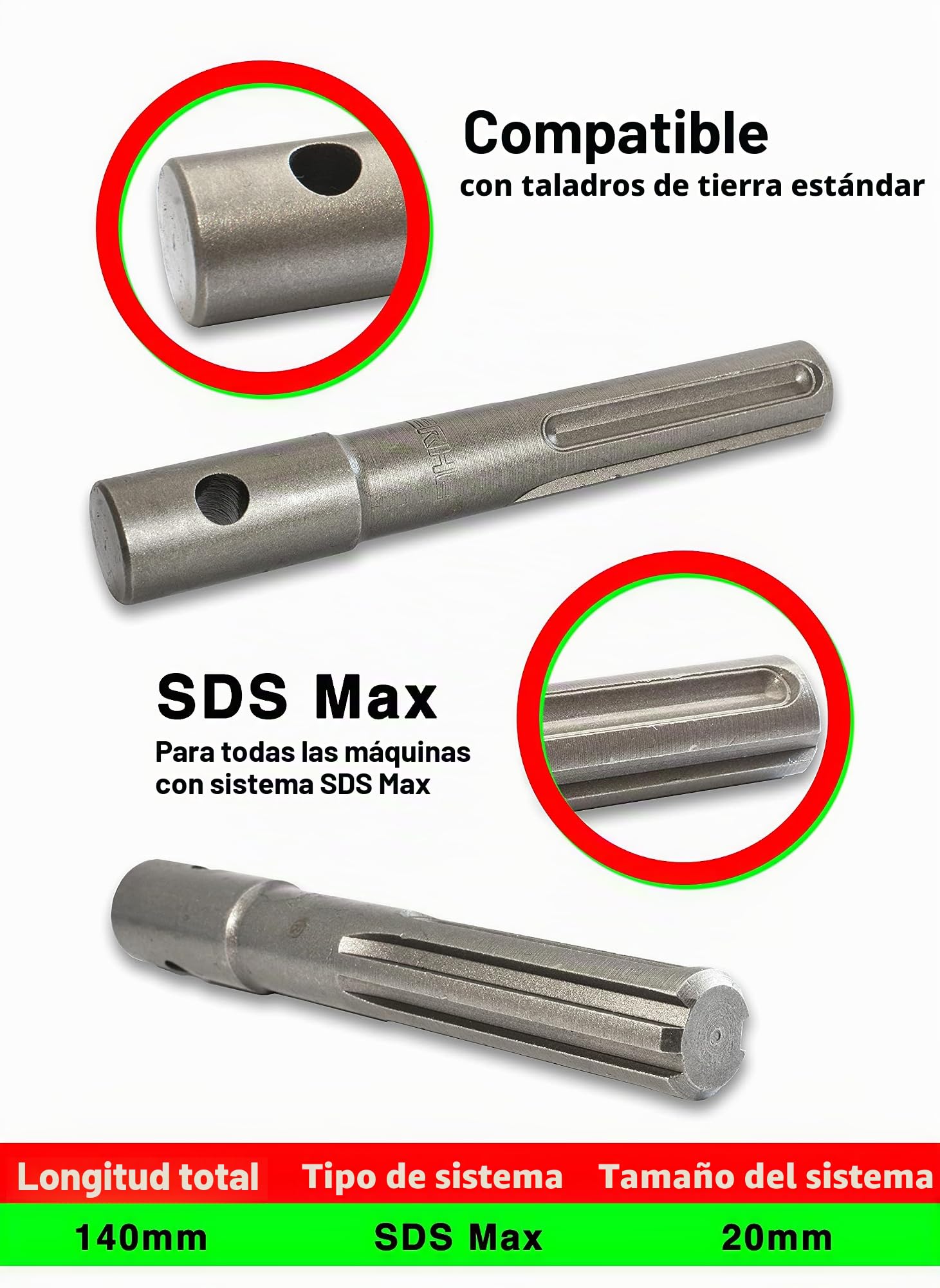 WERHE Barrena de Tierra 150 mm Adaptador SDS Max | largo 80 cm, inserción 20 mm, aprox. 2 kg peso, para martillo perforador y taladro a batería, incl. perno y pasador