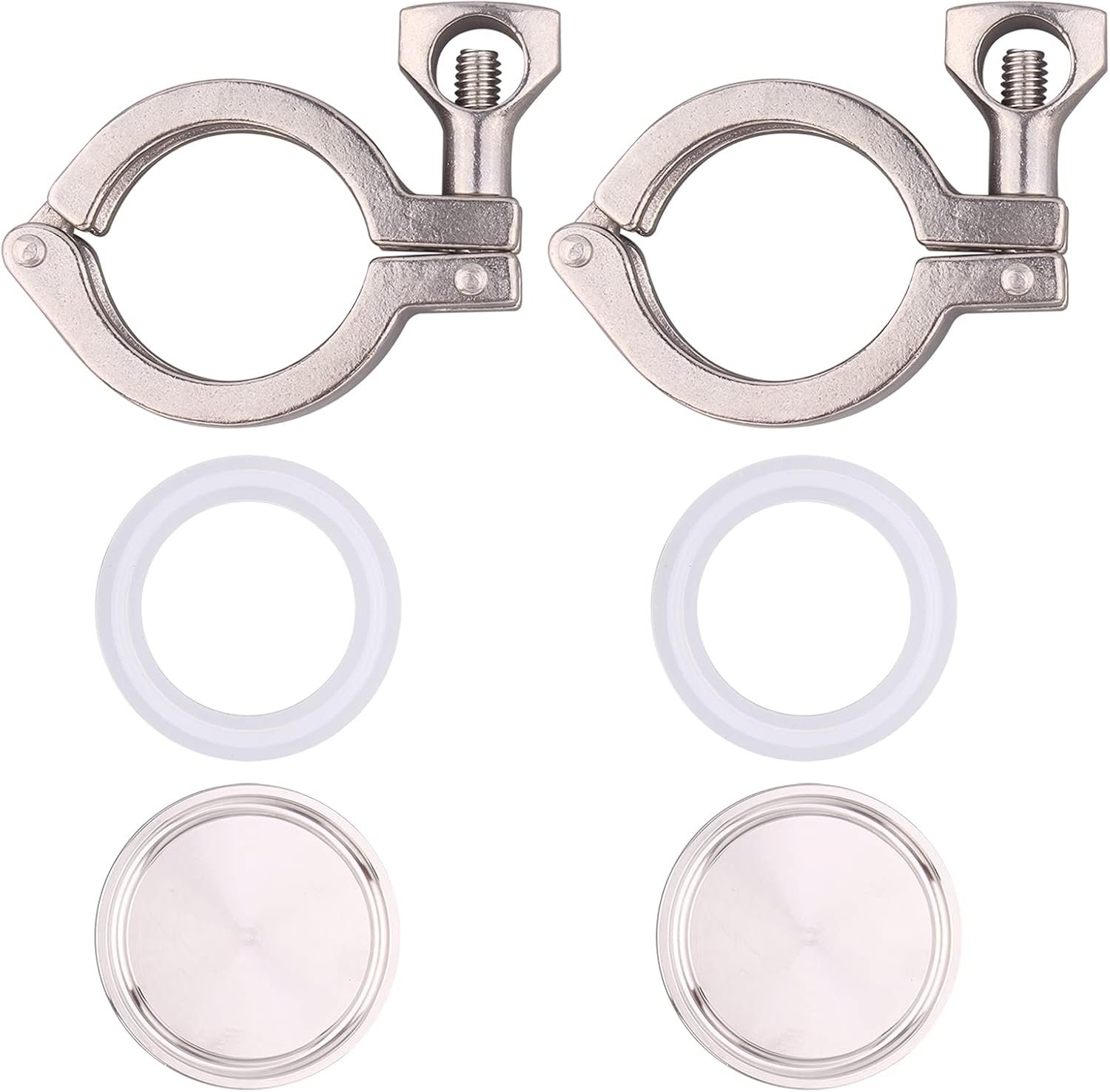 DERNORD 2 Pack Tri Clamp Sanitary Fitting Set SS304 Heavy Duty Tri Clamp Single Pin with End Cap and Silicone Gasket(1.5 Inch)