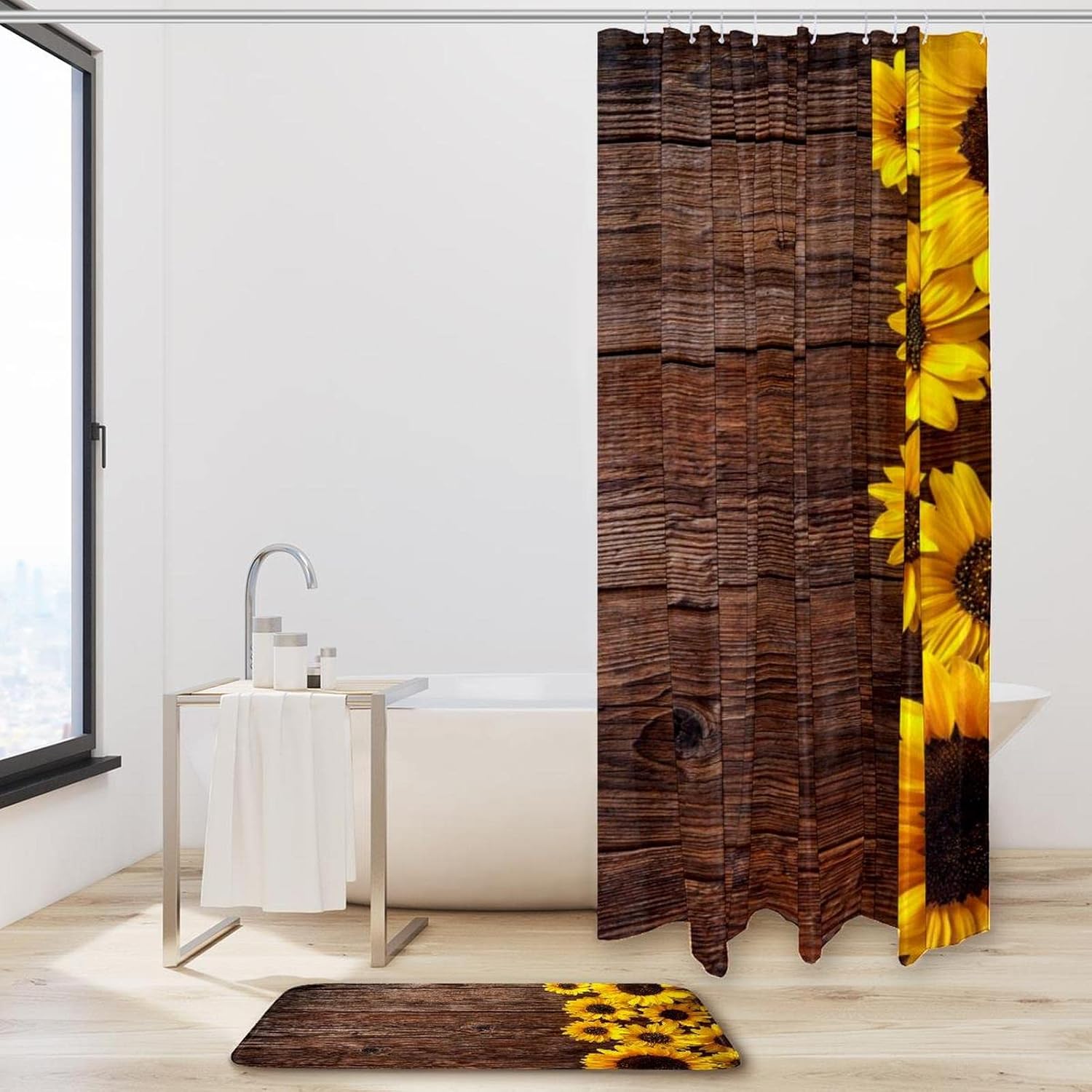 KXO Sunflowers on The Wood Background, Waterproof Shower Curtain and Mat Set Polyester Bathroom Curtain and Rug Set with Hooks 70.8"x70.8"