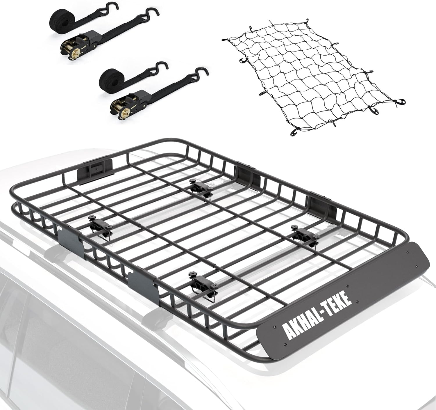 Roof Rack Basket, Upgraded 64"x 39"x 4" Roof Rack Cargo Carrier with 3' X 4' Super Duty Bungee Cargo Net, 2 pcs Ratchet Strap Fits for SUV Truck Cars