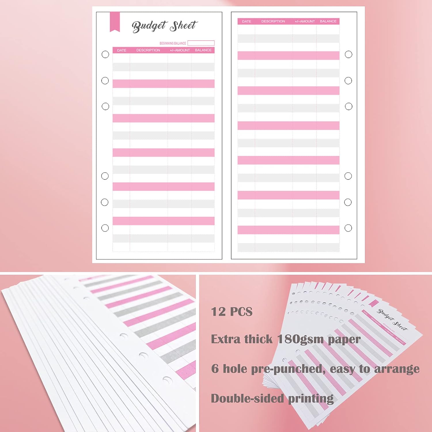 A6 Budget Binder with 12pcs Plastic Binder Pockets, 12 Budget Sheets and Budget Envelope Stickers, Budget Envelope System, Binder Cover with Magnetic Buckle Closure - Pink