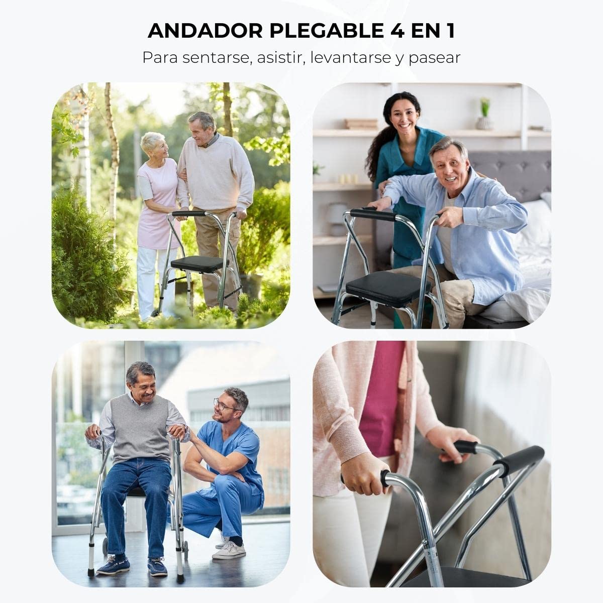 Mobiclinic, Compostela, Andador para ancianos con dos ruedas, Marca española, Plegable adultos, Asiento, Aluminio, Altura regulable, Plata/negro