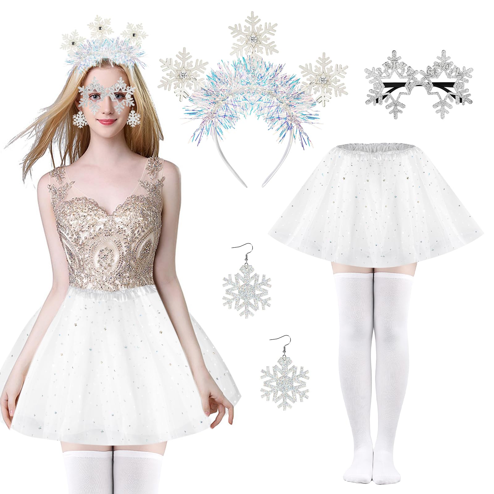 5PCS Christmas Snowflake Costume for Women Girls, Glitter Snowflake Headband Xmas Glasses Snowflake Earrings White Tutu Knee High Socks, Christmas Outfits Christmas Costumes for Women Holiday Party