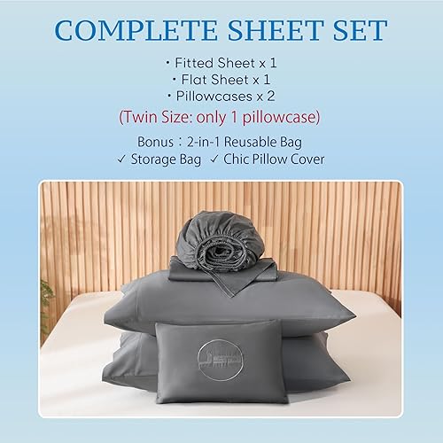 Miniatura 7 de JSD Juego de sábanas de 100% algodón gris oscuro tamaño King, 300 hilos, sábanas de satén con bolsillos profundos, suaves y transpirables