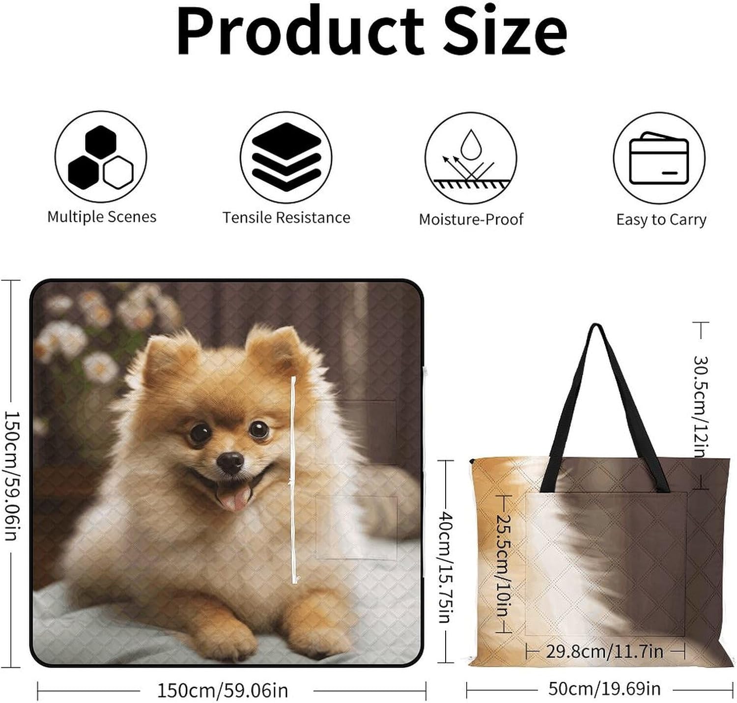Cute Pomeranian Dog Picnic Blanket with Zipper Water Resistant Sand Free Picnic Mat Washable Foldable Easy Carry Beach Blanket for Lawn Beach Hiking Camping