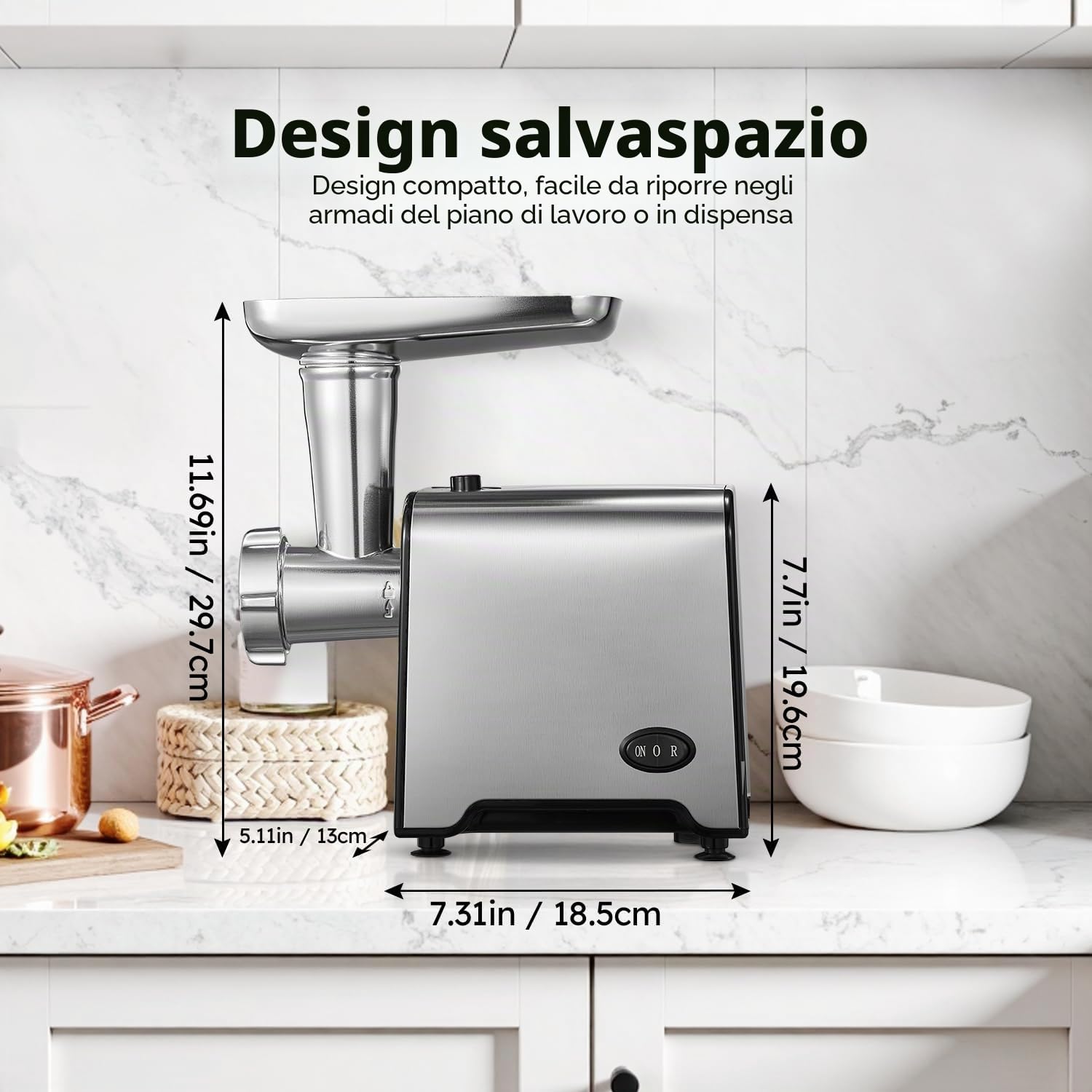 Yabano Tritacarne Elettrico 3 in 1, Macchina per Carne in Acciaio Inox con Accessorio per Salsicce, 3 Piastre di Macinatura, Accessorio per Kubbe e Tubo per Insaccare, per Casa e Cucina