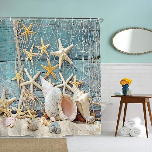IcosaMro Cortina de ducha náutica para baño, juego de cortina de ducha decorativa de tela larga con diseño de estrellas de mar de playa, 71 pulgadas