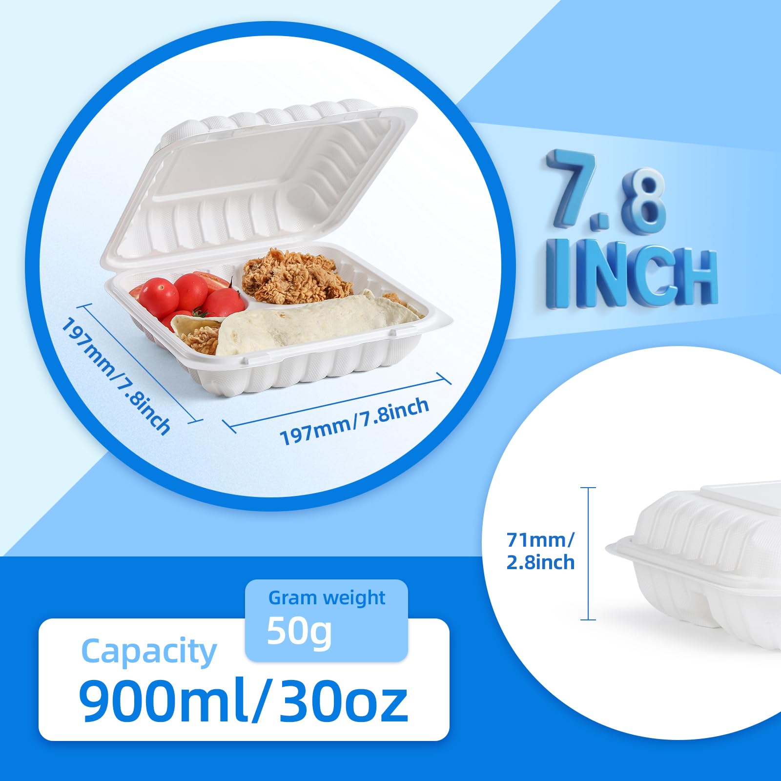 YANGRUI Contenedores de alimentos Clamshell, paquete de 65 recipientes de plástico reutilizables para llevar, 3 compartimentos, 30 onzas, aptos para congelador, lavavajillas, recipientes para sacar