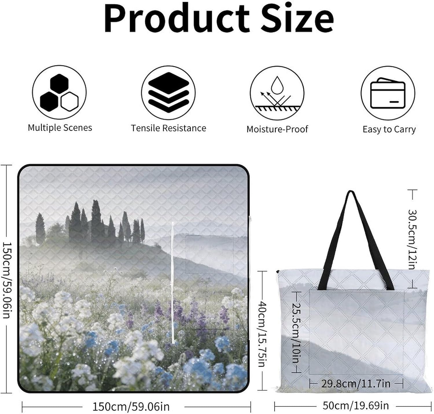 Tuscan Wildflower Meadow Picnic Blanket with Zipper Water Resistant Sand Free Picnic Mat Washable Foldable Easy Carry Beach Blanket for Lawn Beach Hiking Camping