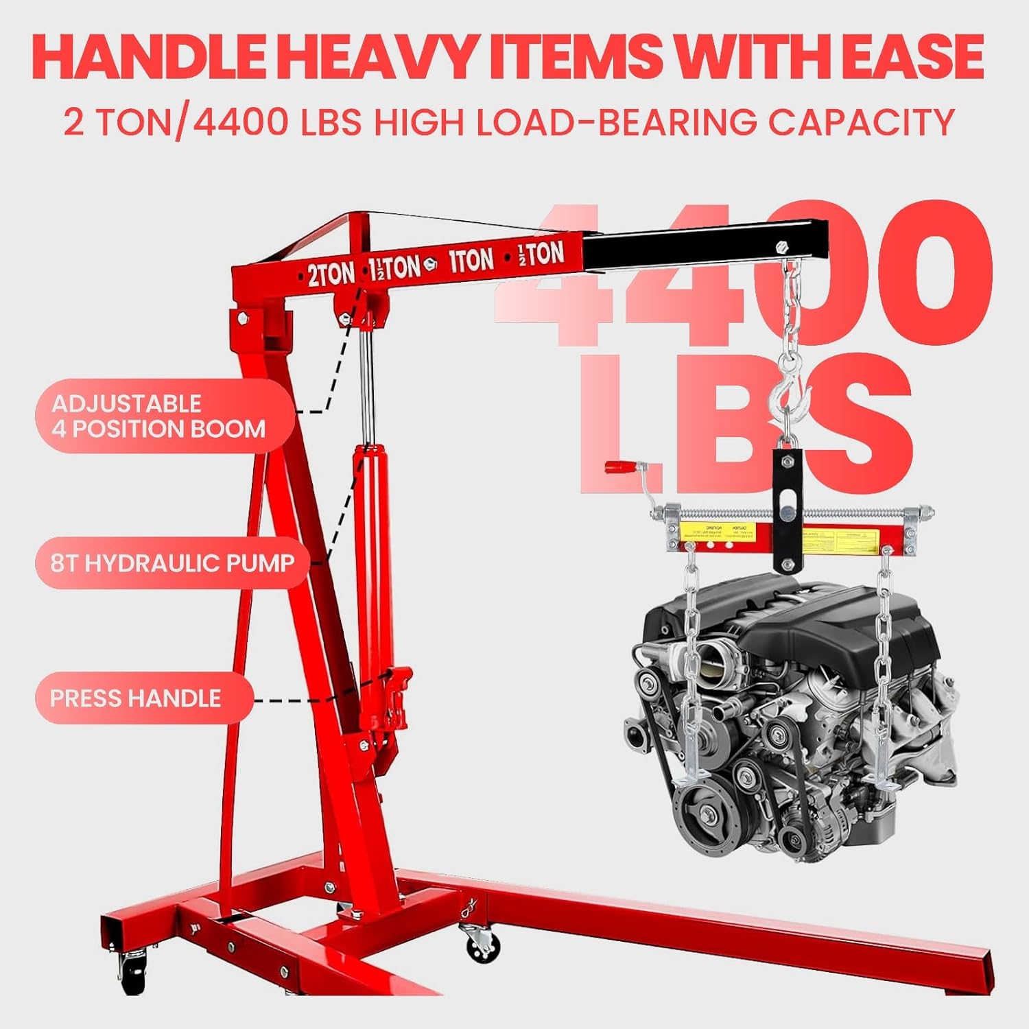 Engine Hoists & Stands,2 Ton 4400 LBS Heavy Duty Alloy Steel Folding Cherry Picker Engine Hoist,Engine Lift for Workshop Warehouse Garage