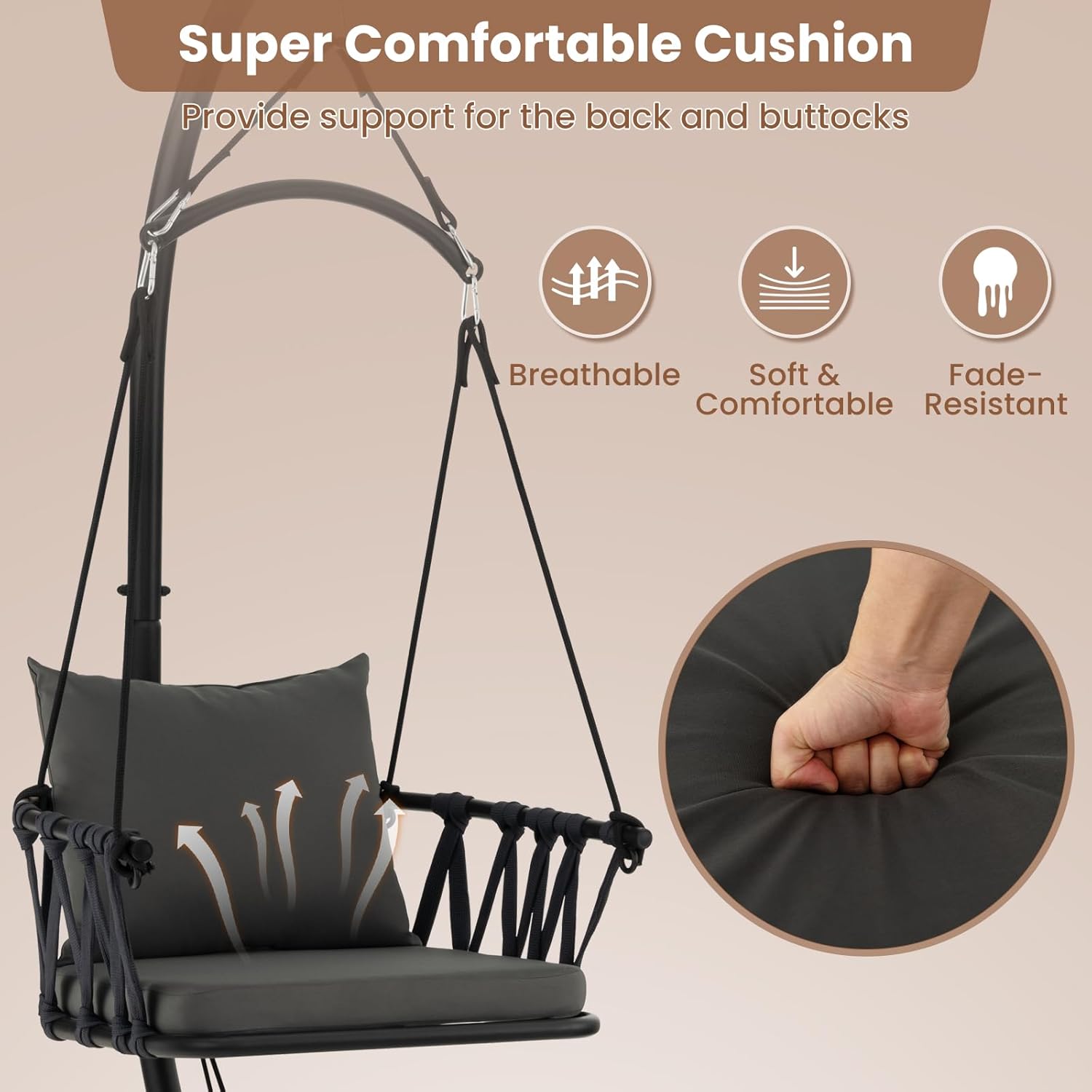 GOFLAME Hanging Swing Chair with Stand, Patio Hammock Chair with Comfortable Seat & Back Cushions for Indoor Outdoor, Heavy Duty Hanging Chair for Patio Yard Garden
