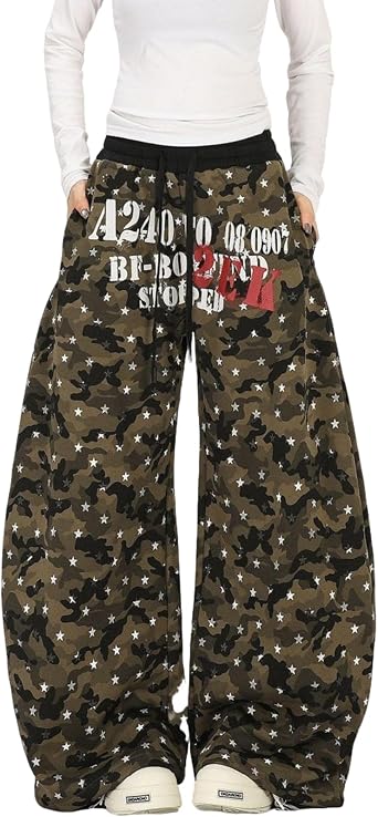 Hewlshawn Womens Camo Sweatpants High Waist Drawstring Casual Barrel Leg Joggers Trendy Y2K Streetwear Baggy Pants