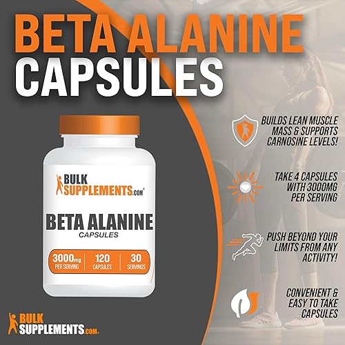 Miniatura 3 de BULKSUPPLEMENTS.COM Cápsulas de beta alanina - Suplemento de beta alanina, píldoras de beta alanina, beta alanina 3000 mg - Sin gluten, 4 cápsulas