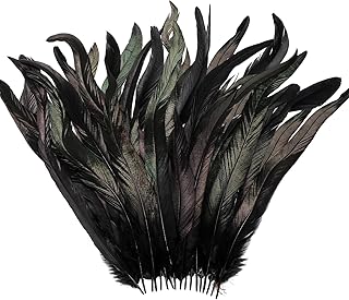 Yuxung 100 Pcs Halloween Black Nature Rooster Tail Feathers 12-14 Inch Bulk Natural Long Rooster Tail Feathers for DIY Crafts Costume Party Performances Carnival Decoration
