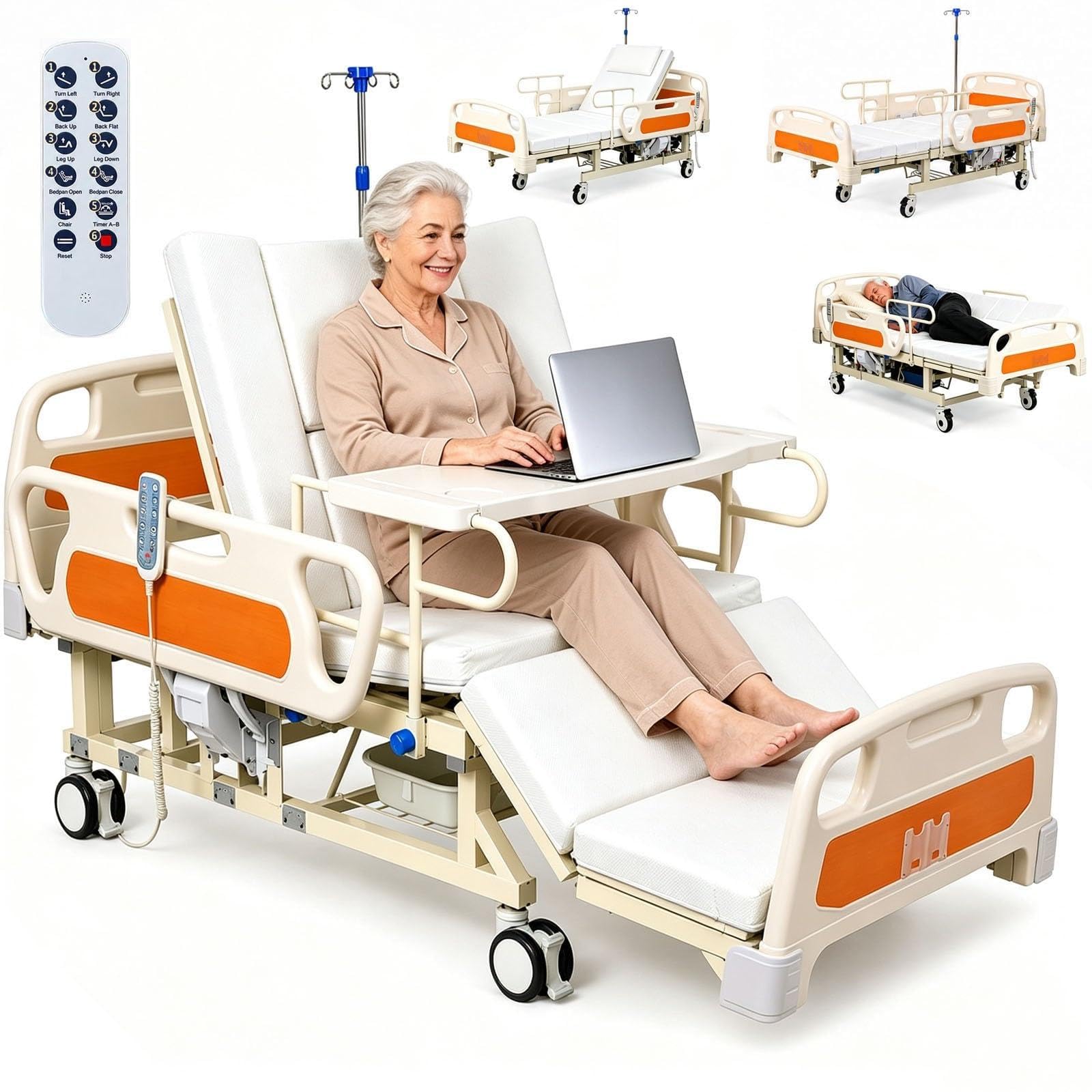 Lit médicalisé Haut de Gamme 10 Fonctions, retournement latéral programmé, télécommande, roulettes silencieuses, barrières réglables, Bassin intégré, Charge 250 kg
