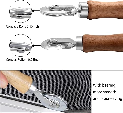 Miniatura 6 de BAYTORY Herramienta de pantalla de 3 piezas, herramienta de rodillo estriado para ventana con mango de madera y ruedas de rodamiento de aceronailon,
