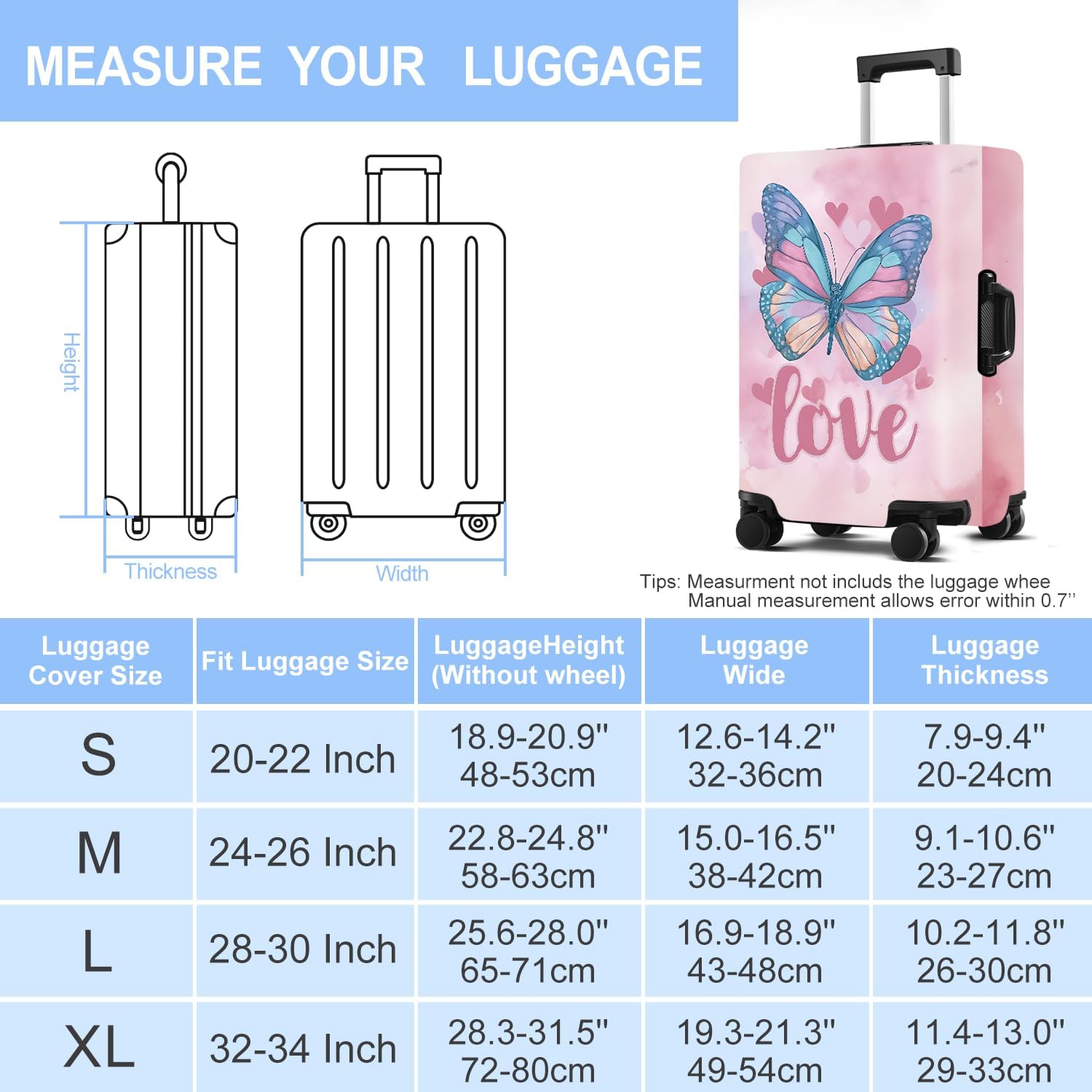 Luggage Cover Washable Suitcase Cover Protector Fit 20-34 Inch Luggage Durable Travel Bag Cover with Zipper Closure (butterflies and letters, XL(32-34inch suitcase))