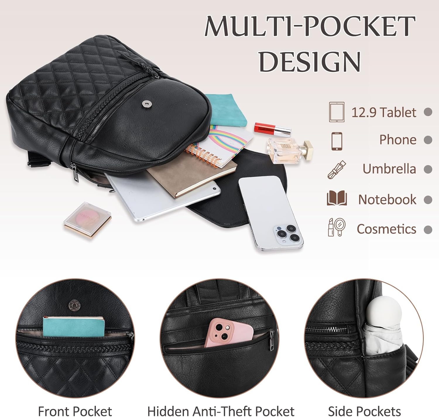 Kasqo Backpack Purse for Women,PU Leather Fashion Flap Quilted Backpack Ladies Handbag Convertible Shoulder Bag for Work Travel College with Guitar Strap Black - Image 3