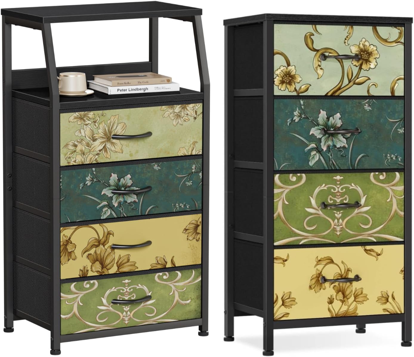 Furnulem Retro Dresser with Drawers, Vintage Storage Organizer Unit with Fabric Bins for Bedroom, Living Room, Closet, Nusery, Dorm, Entryway, Bedside Furniture, Sturdy Metal Frame, Wood Top