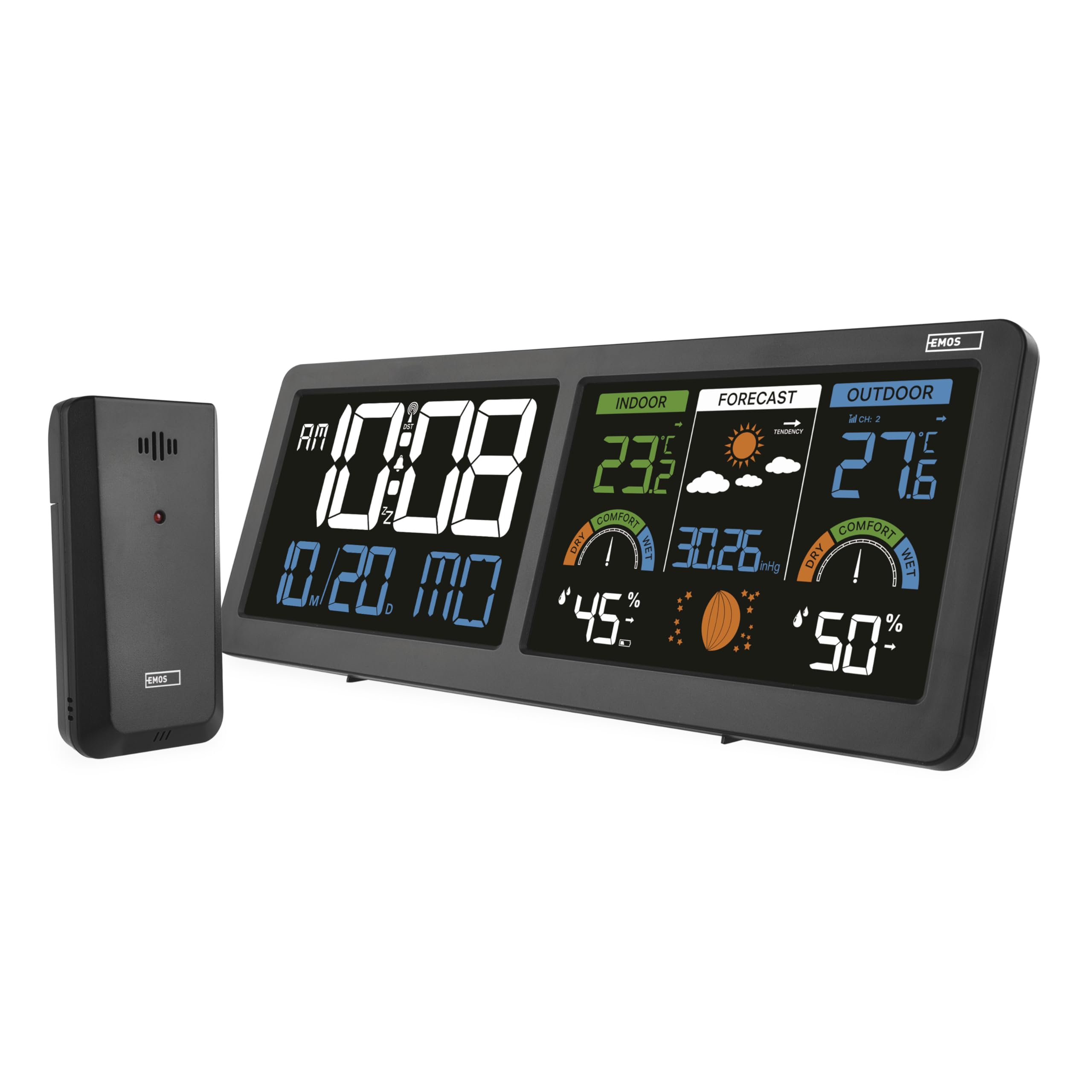 EMOS - Estación meteorológica con 2 pantallas LCD - Sensor inalámbrico (2x AA) - Tecnología Comfort View - Previsión meteorológica, temperatura, humedad, calendario, hora, despertador - Cable de