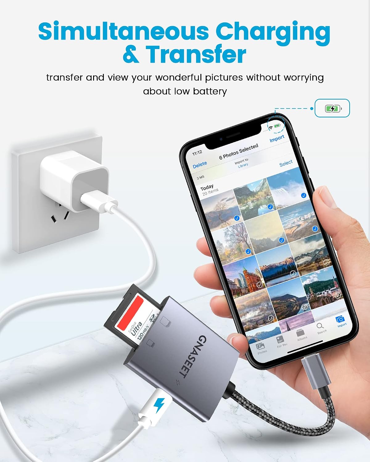 SD Card Reader for iPhone iPad, Micro SD Memory Card Reader with Dual Slots, Plug N Play, Portable Trail Camera Viewer SD Card Reader Adapter, Photography Memory Card Adapter Support Charging (Grey)