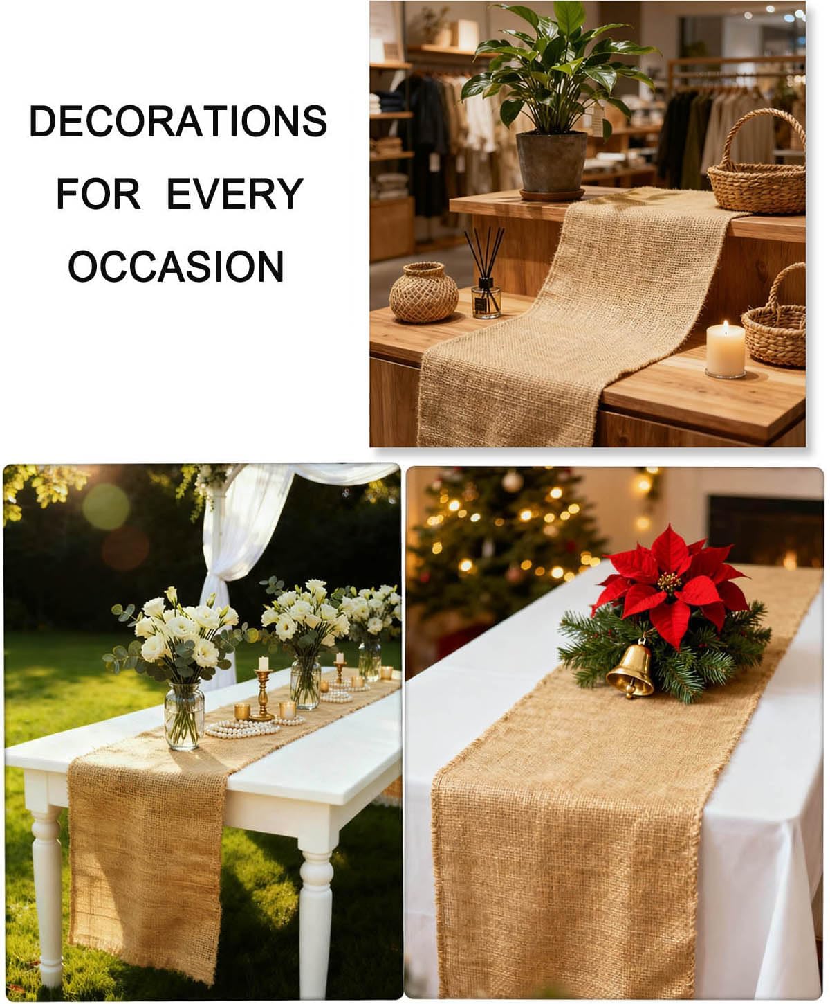 Burlap Table Runner 12×108 Inch – Rustic Jute Fabric Roll with No-Fray Edges – Natural Farmhouse & Wedding Table Décor – Eco-Friendly Hessian Cloth for Parties & DIY Crafts