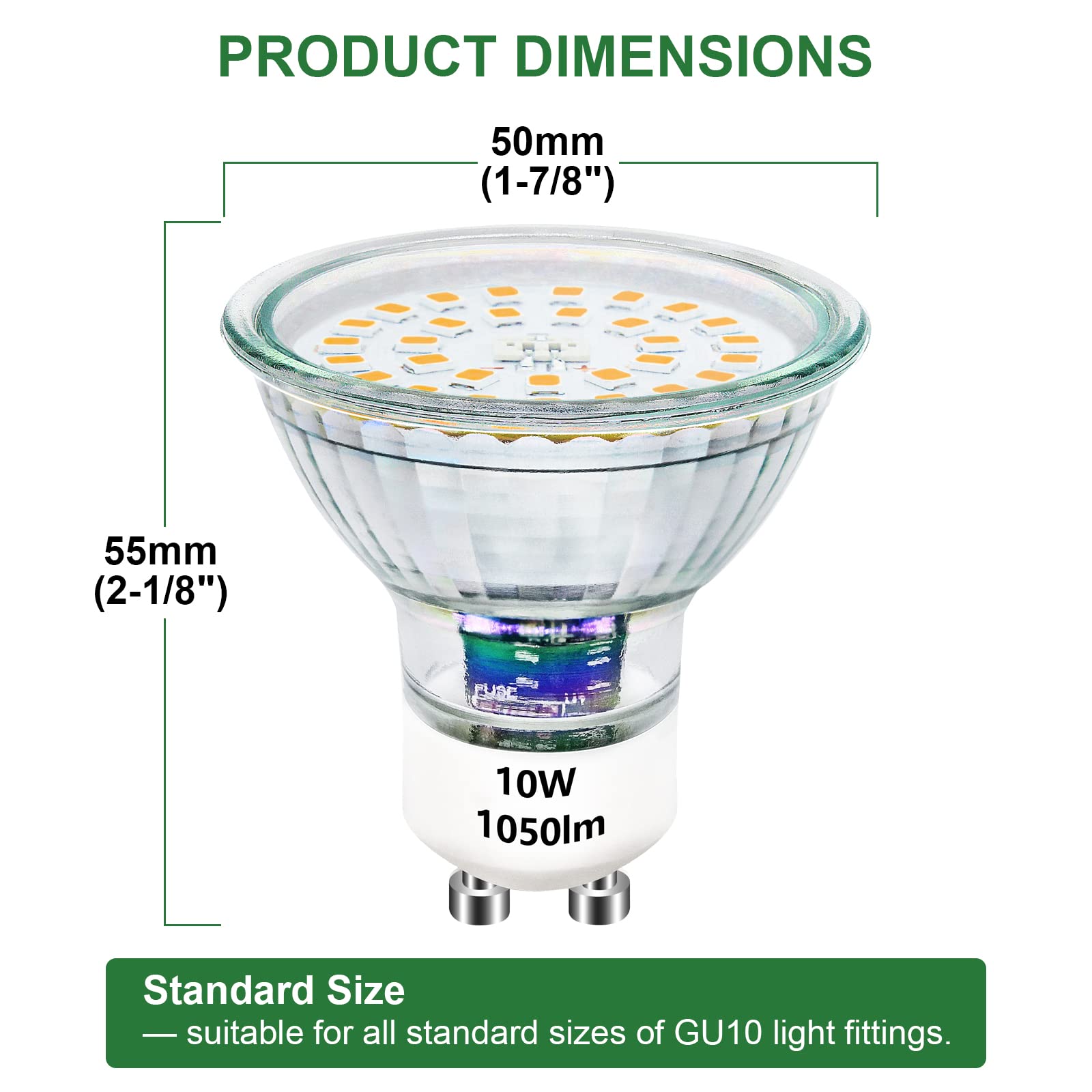 Lampadina LED GU10 Bianco Caldo 10W, GU10 LED Lampadine Equivalente alogeno 100W alogena Base 3000K Vetro 1050LM Lampada luminosa 230V Angolo astratto 120° Non dimmerabile 10 Pezzi