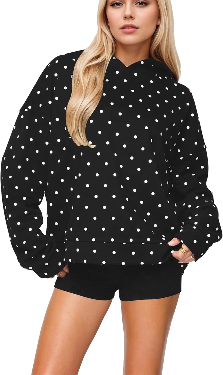 Women Polka Dot Hoodie Long Sleeve Oversized Fleece Hooded Sweatshirt Graphic Print Loose Fall Winter Outfit