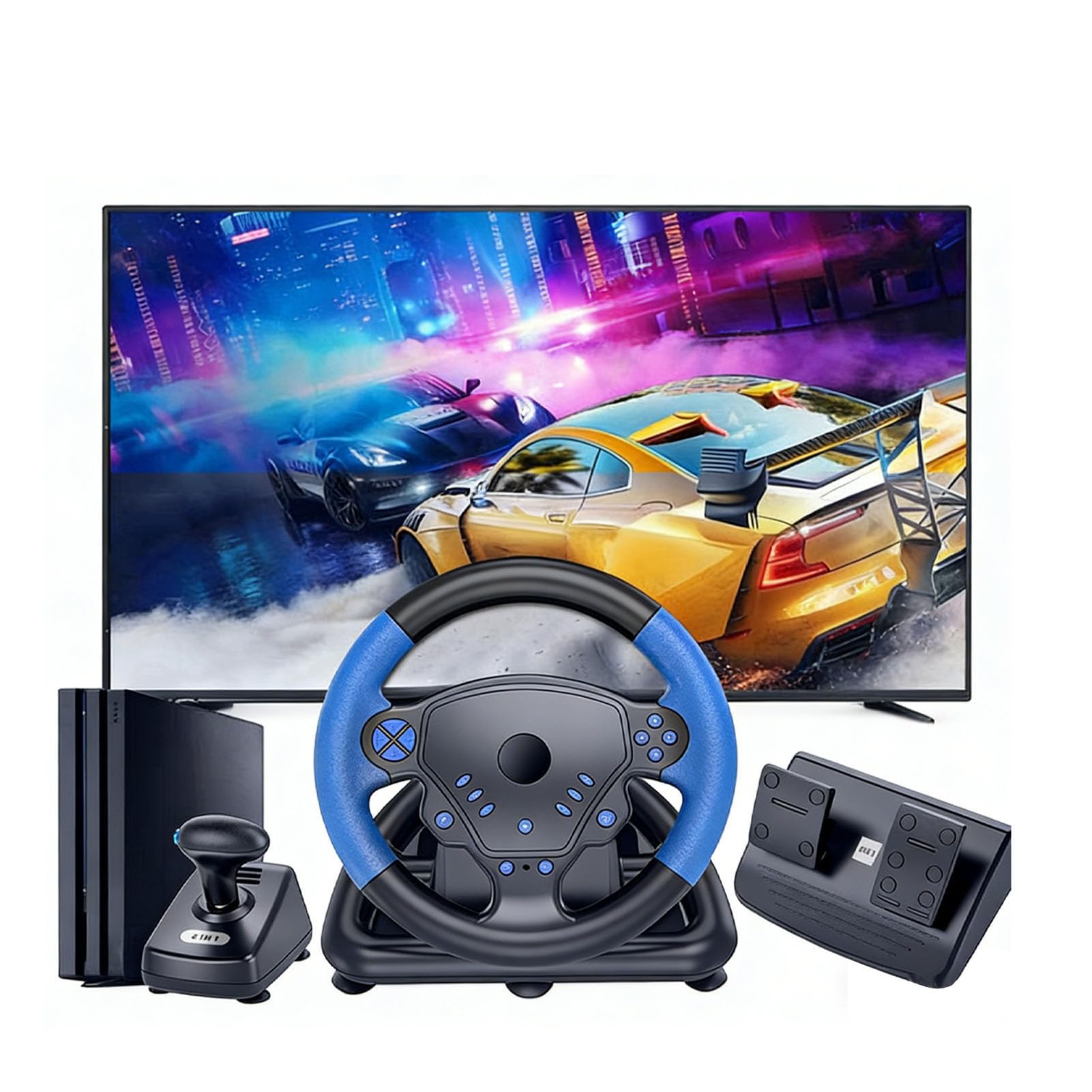 Plyisty Volante da Gioco con Pedali e, 135 Gradi, Volante e Pedale Force Feedback, per PC, TV, IOS e Console di Gioco