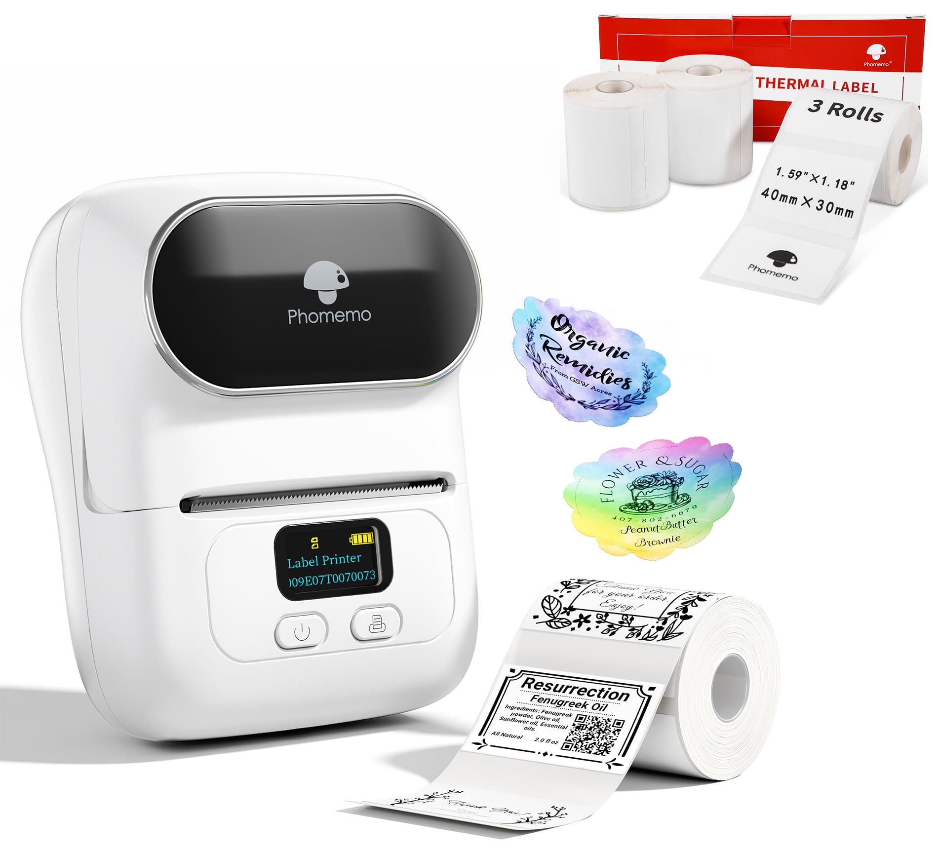 Phomemo M110 Etiquetadora con 4 Rollos de Etiquetas, Impresora de Etiquetas Adhesivas Bluetooth térmica portátil, para Uso en oficinas, códigos de Barras, pequeñas Empresas, Tiendas