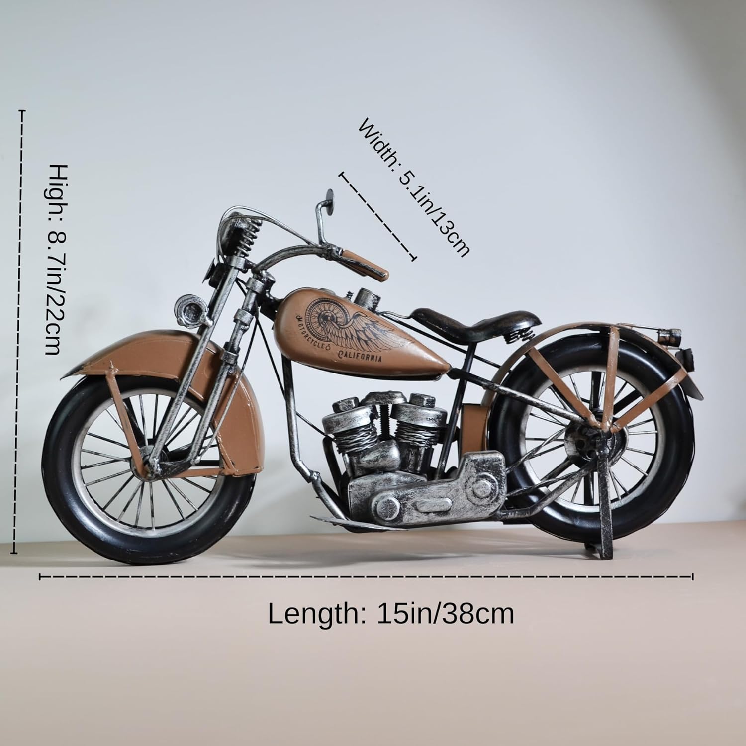 Vintage Metal Motorcycle Sculpture - Handmade Industrial Iron Motorbike Model Art - Retro Copper Desk Decor for Office and Home - Unique Collectible Gift for Men, Dads and Biker Enthusiasts