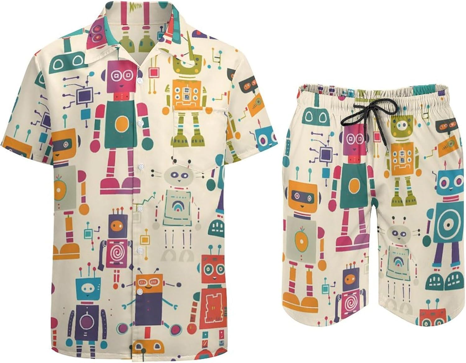 Colorful Robots Men's Summer Beach Outfits Shirt And Shorts Set 2 Piece Vacation Swimwear