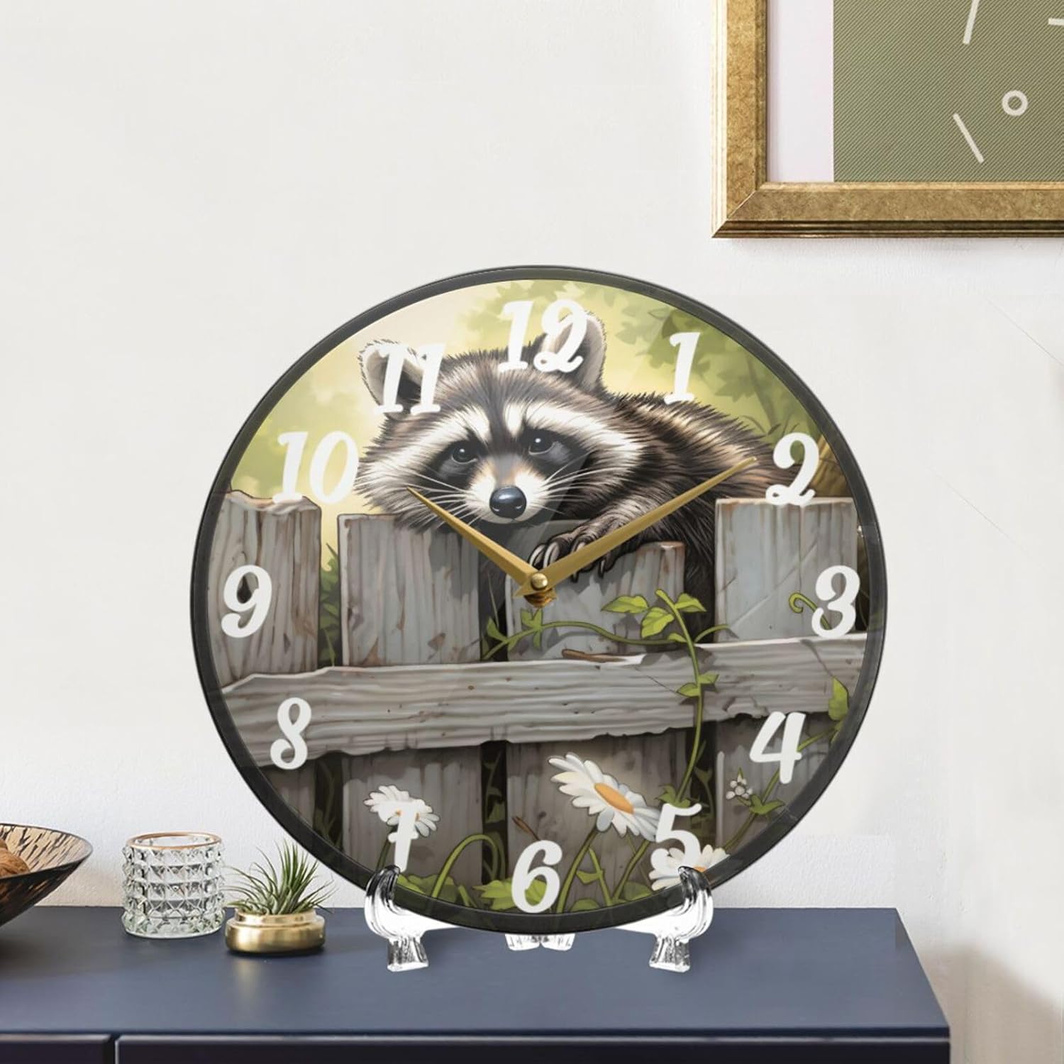 Wall Clock Wild Raccoon Print 11.9 Inch Round Quiet Decorative Desk Clock for Bedroom Living Room Kitchen