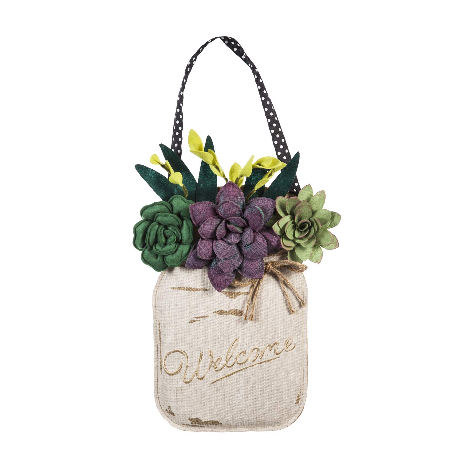 Evergreen Succulents Mason Jar Welcome Door Décor | Indoor and Outdoor Safe | Purple and Green | Rustic Farmhouse Home Entryway | Front Door Wreath | 19-in x 13-in