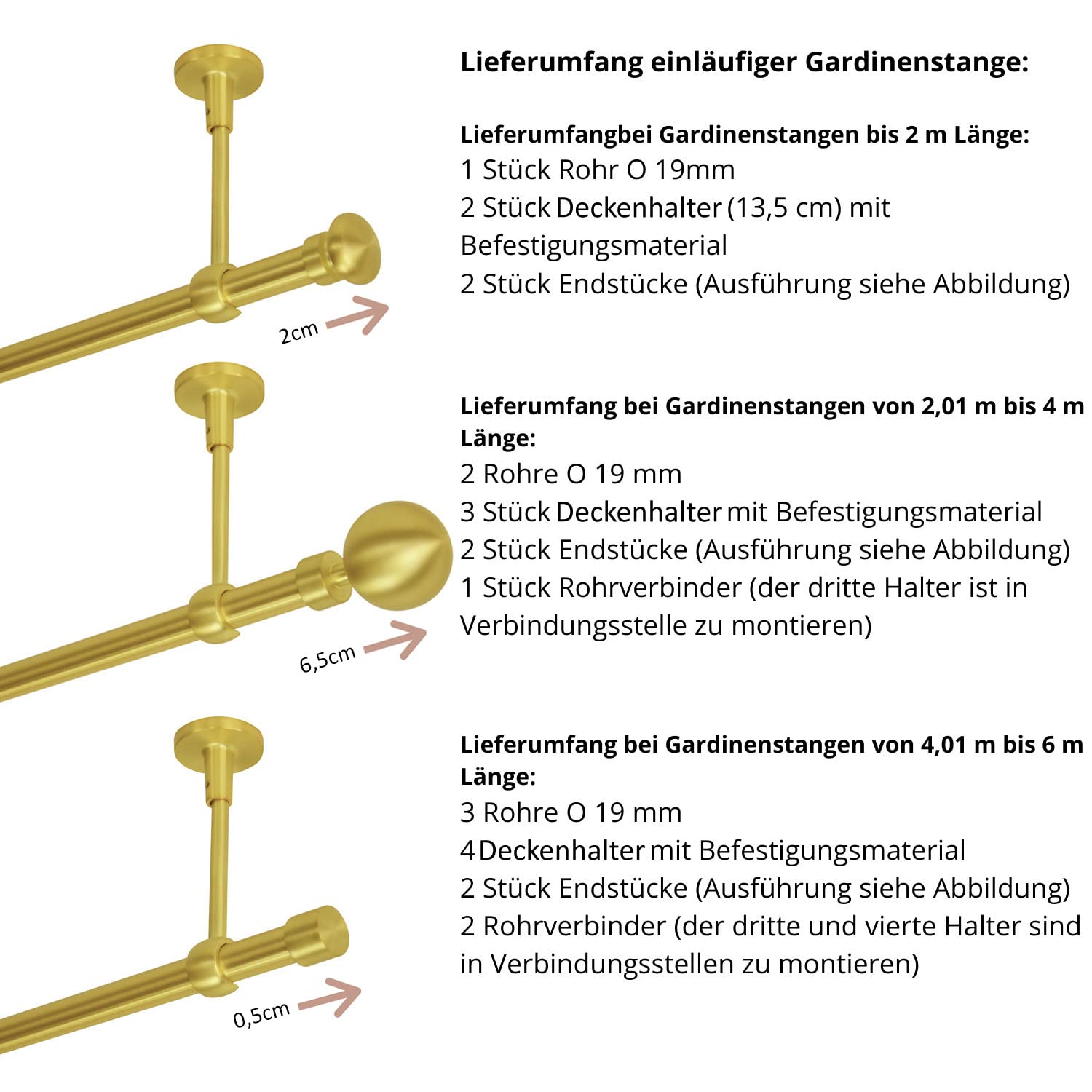 Gordijnroede, loopt 1 kant op, 2 kanten op, 19 mm, goud-mat