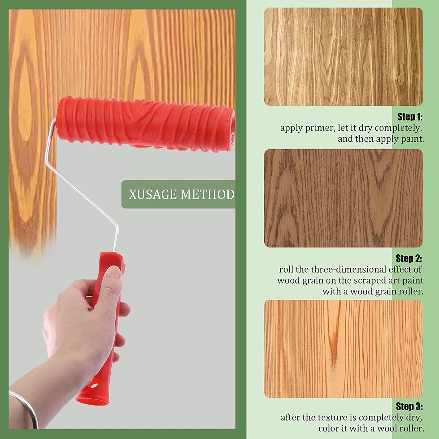 Wood Graining Painting Tool Set, Rubber Wood Roller with Handle, DIY Wall Decor Tool for Creating Wood Patterns, Reusable Washable Wood Painting Kit