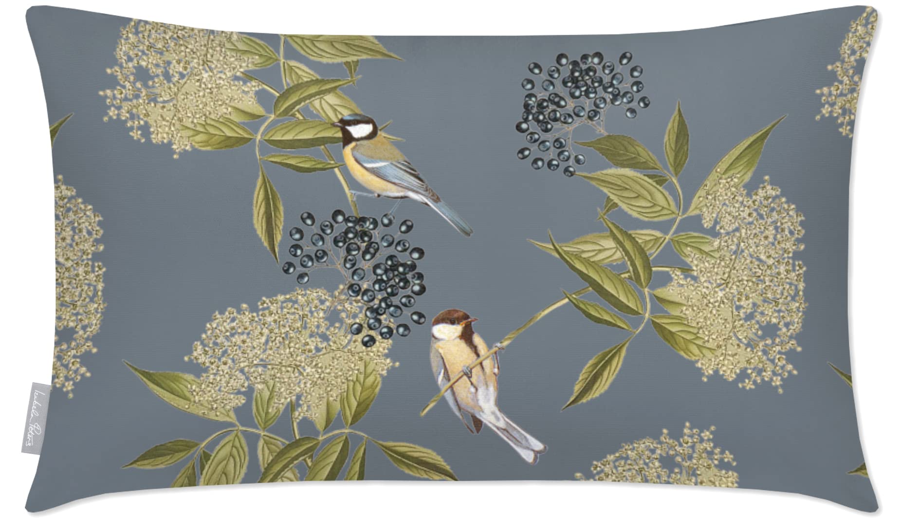 Izabela Peters Bird On Elderflower - French Grey Waterproof Outdoor Cushion, 55 X 35 Cm, Filled, For Garden Furniture And Chairs